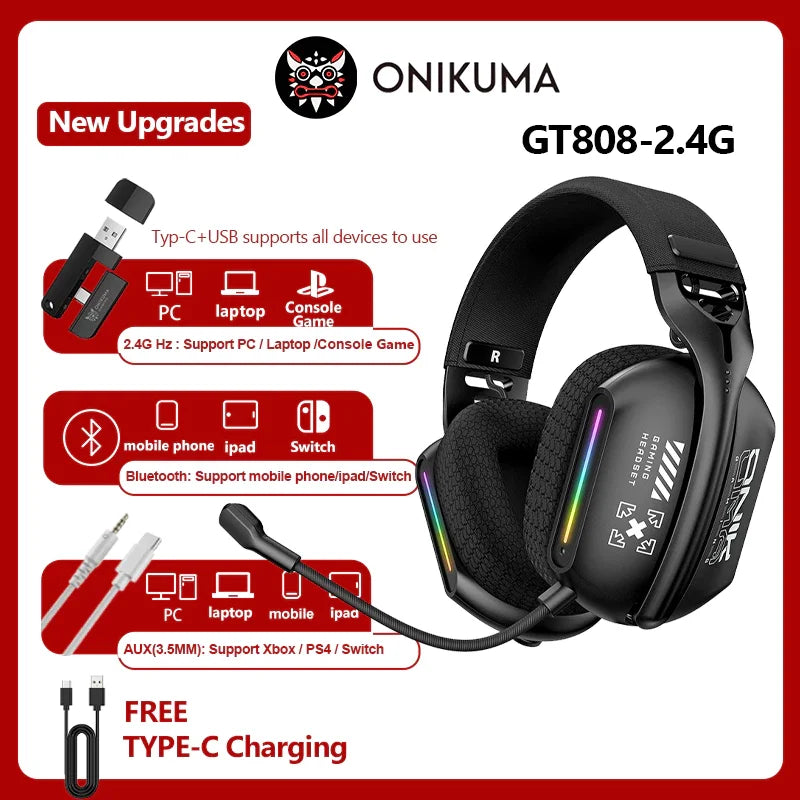 Auriculares gaming inalámbricos Onikuma GT808 RGB – Bluetooth 5.3, 2.4GHz y 3.5mm con micrófono