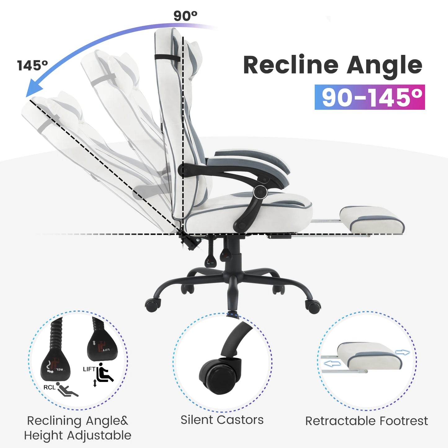 WOLTU Swivel Gaming Chair Ergonomic Office Chair with Footrest, Pocket Spring Cushion, Wide Seat, Adjustable Reclining Computer Chair