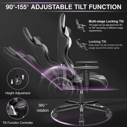 Ergonomic Gaming Chair PU Leather Adjustable Computer Chair with Lumbar Support, Headrest, Reclining Office Chair for Gaming & Work