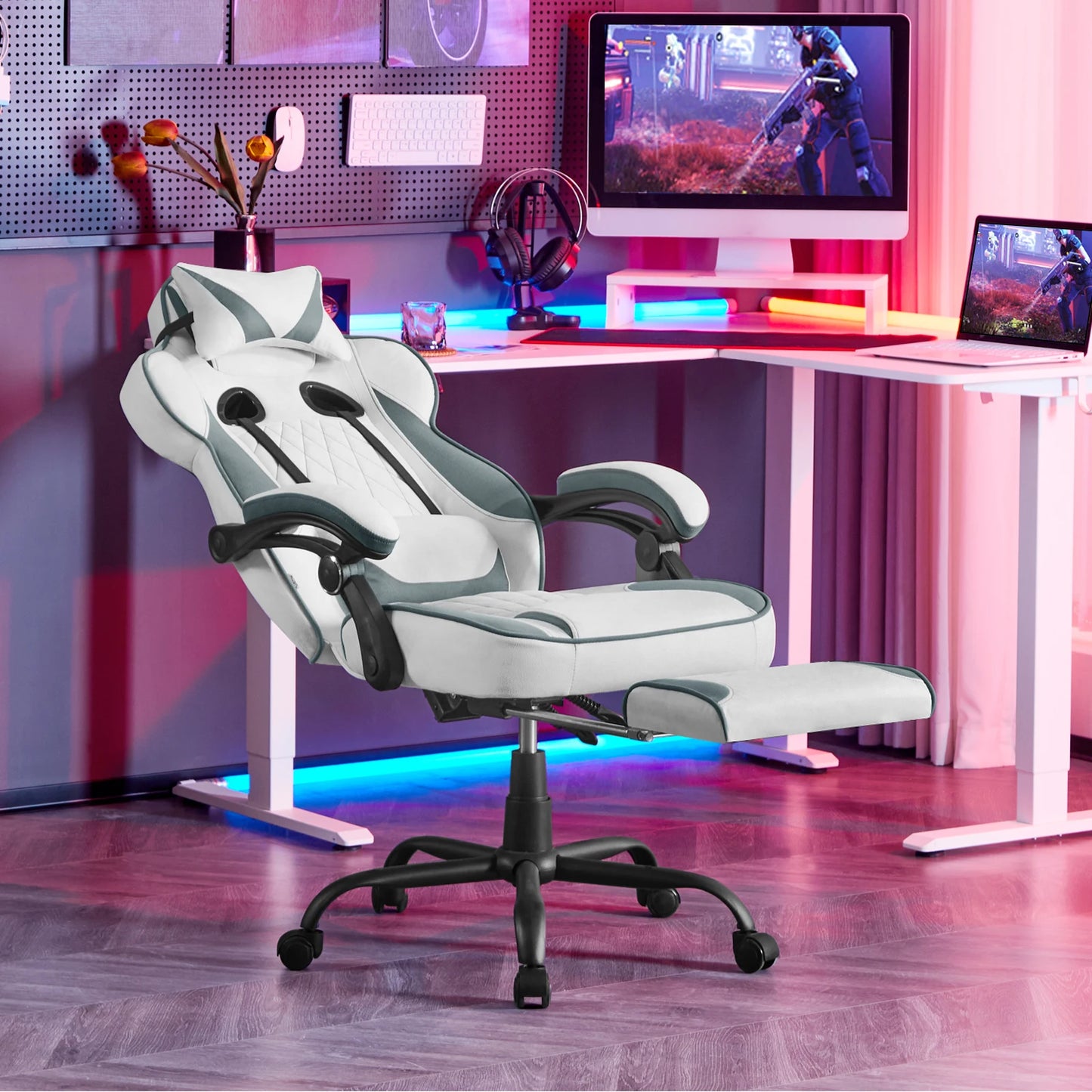 WOLTU Swivel Gaming Chair Ergonomic Office Chair with Footrest, Pocket Spring Cushion, Wide Seat, Adjustable Reclining Computer Chair