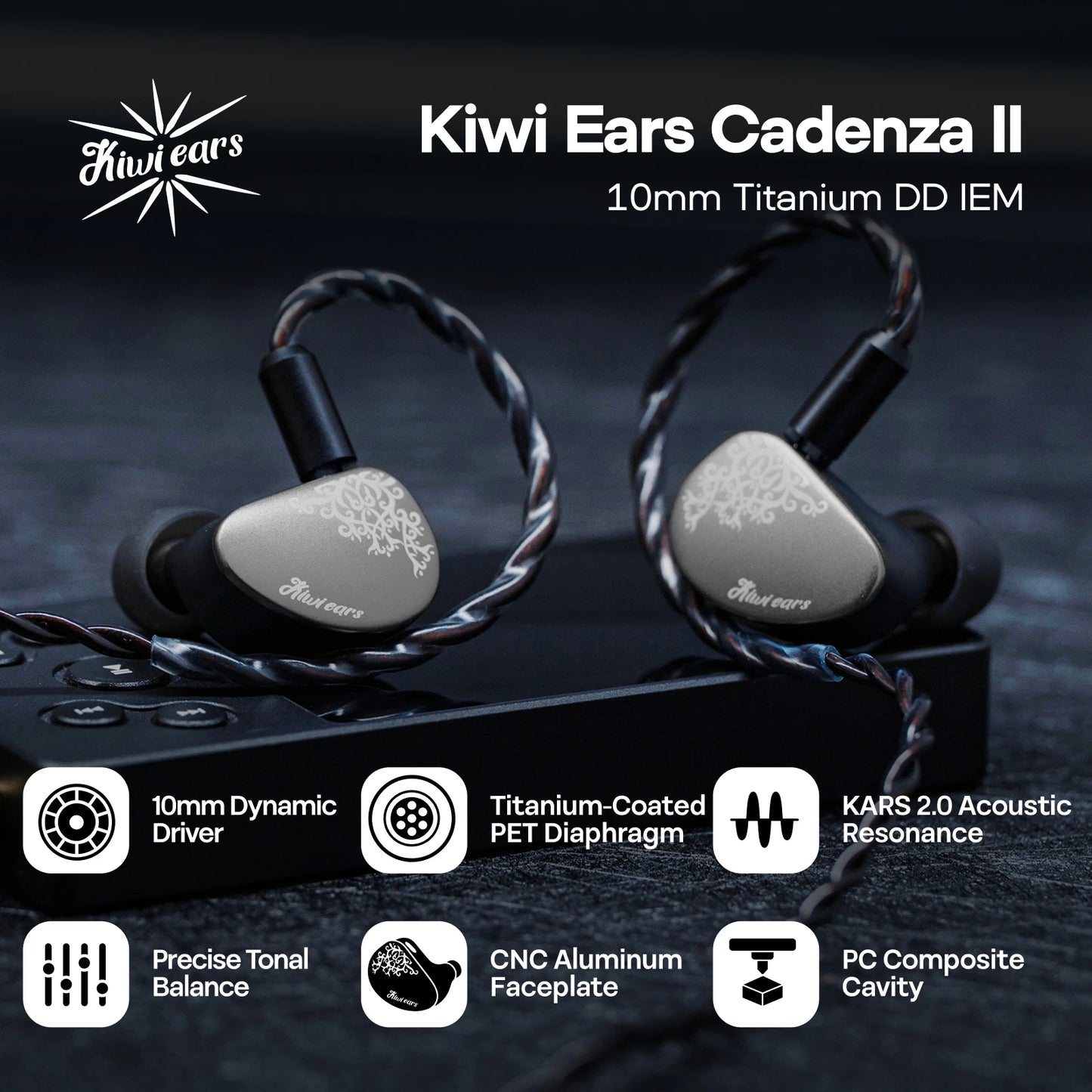Linsoul Kiwi Ears Cadenza II HiFi Earphones 10mm Titanium Dynamic Driver IEM with KARS 2.0, Detachable Cable, Premium Wired Earbuds