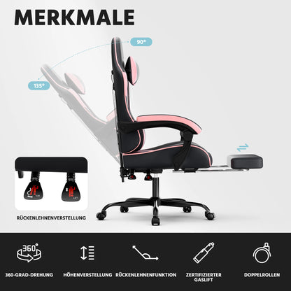 Black & Pink Gaming Chair Ergonomic PU Leather Computer Chair with Footrest, Adjustable High-Back Gaming Chair with Lumbar Support & Headrest