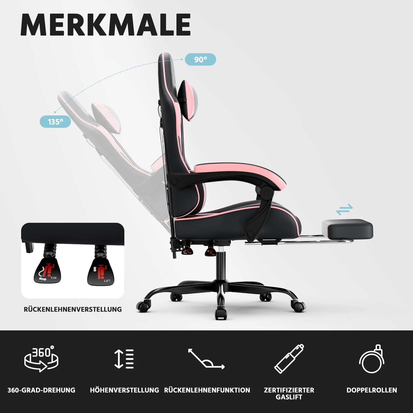 Black & Pink Gaming Chair Ergonomic PU Leather Computer Chair with Footrest, Adjustable High-Back Gaming Chair with Lumbar Support & Headrest