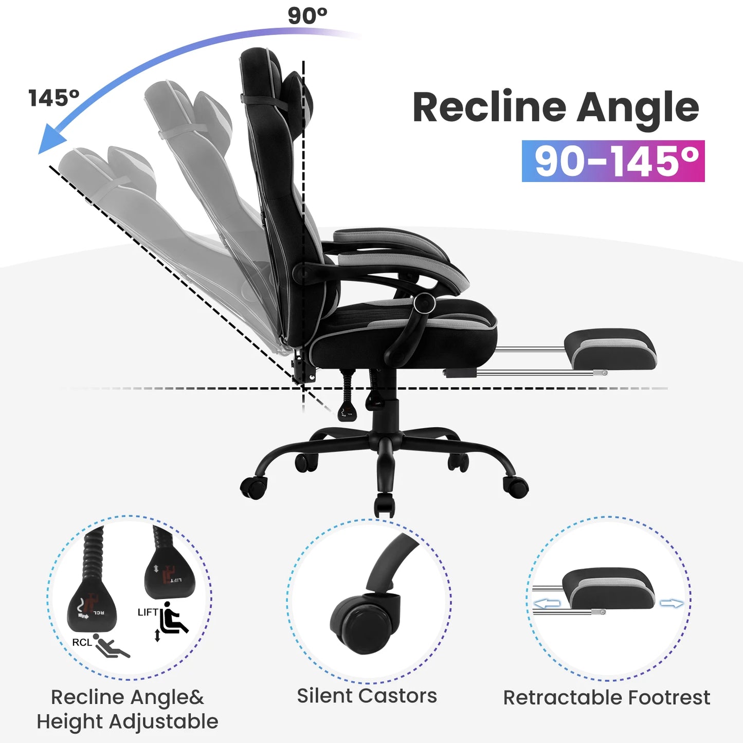 WOLTU Swivel Gaming Chair Ergonomic Office Chair with Footrest, Pocket Spring Cushion, Wide Seat, Adjustable Reclining Computer Chair