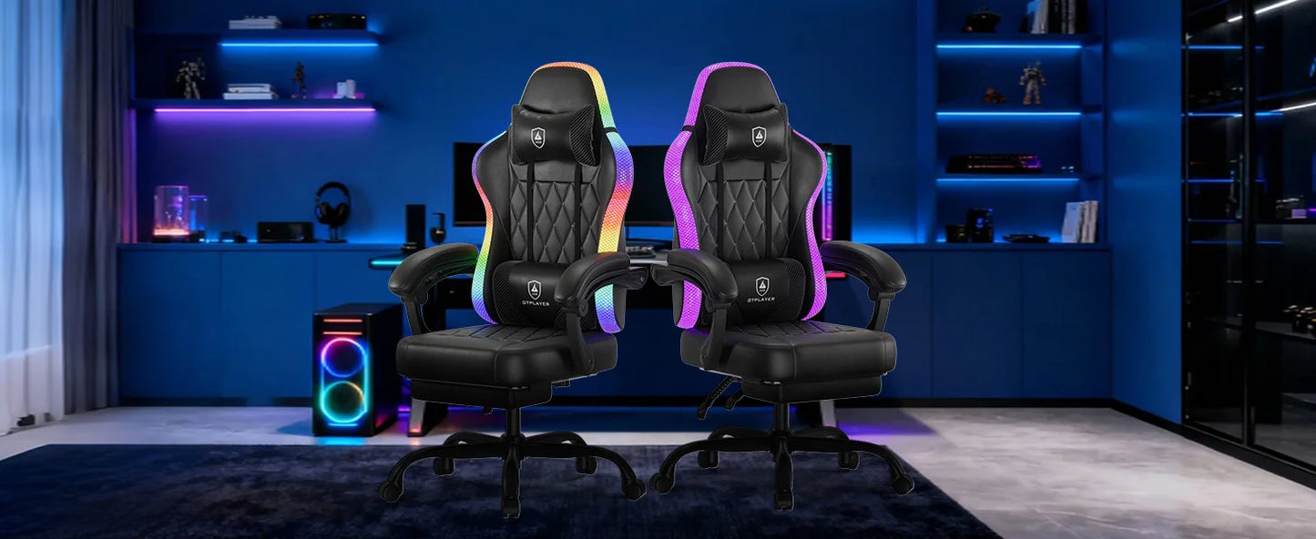 GTPLAYER Gaming Chair Ergonomic Office Chair with RGB LED Light, Adjustable Reclining Gamer Chair with Footrest, Lumbar Support & Storage Bag