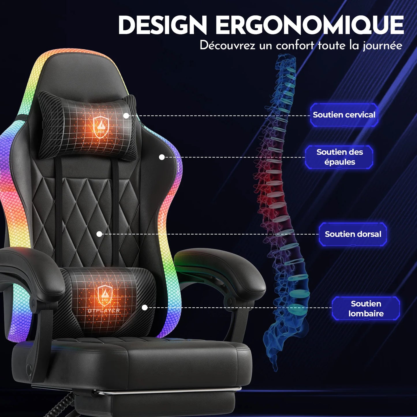 GTPLAYER Gaming Chair Ergonomic Office Chair with RGB LED Light, Adjustable Reclining Gamer Chair with Footrest, Lumbar Support & Storage Bag