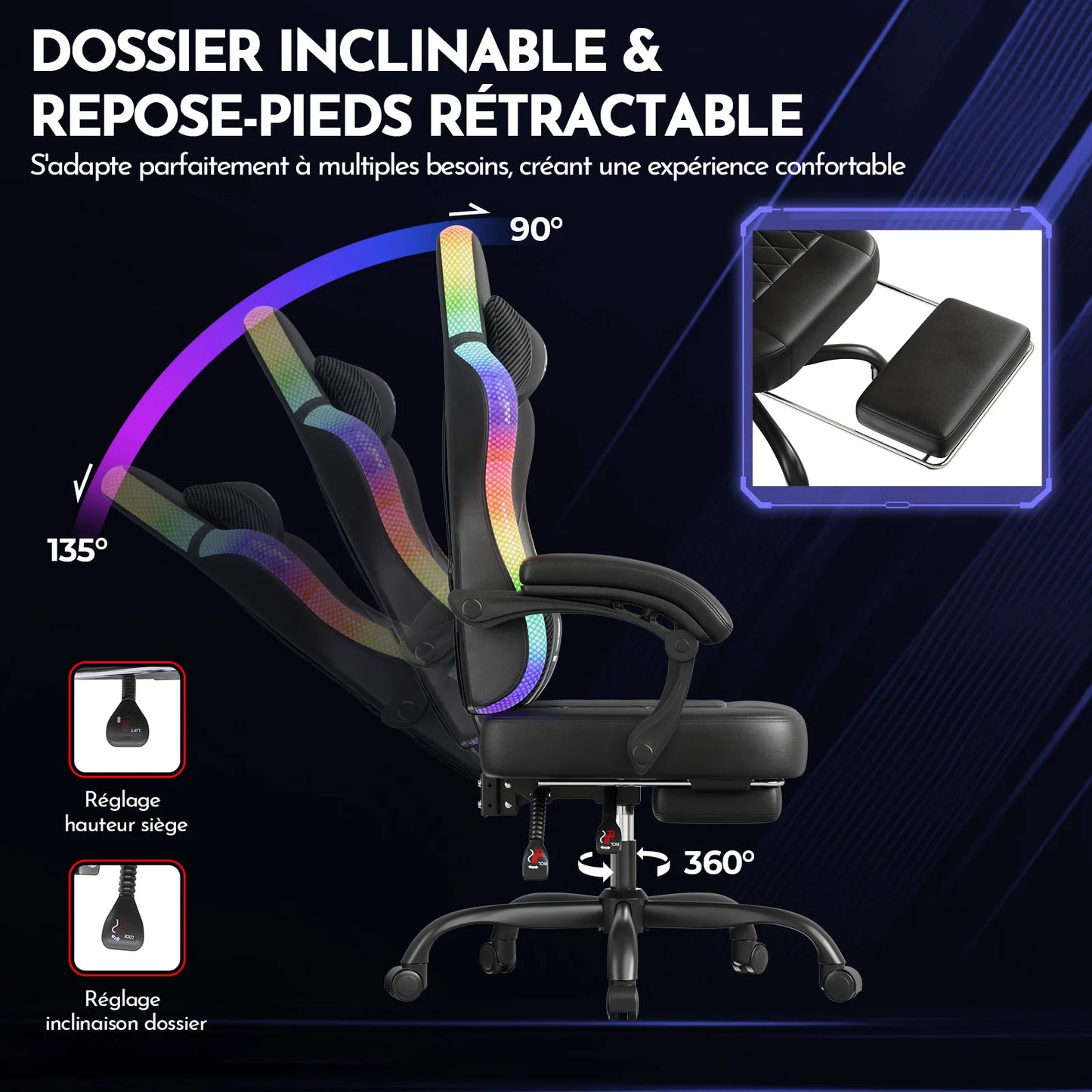 GTPLAYER Gaming Chair Ergonomic Office Chair with RGB LED Light, Adjustable Reclining Gamer Chair with Footrest, Lumbar Support & Storage Bag