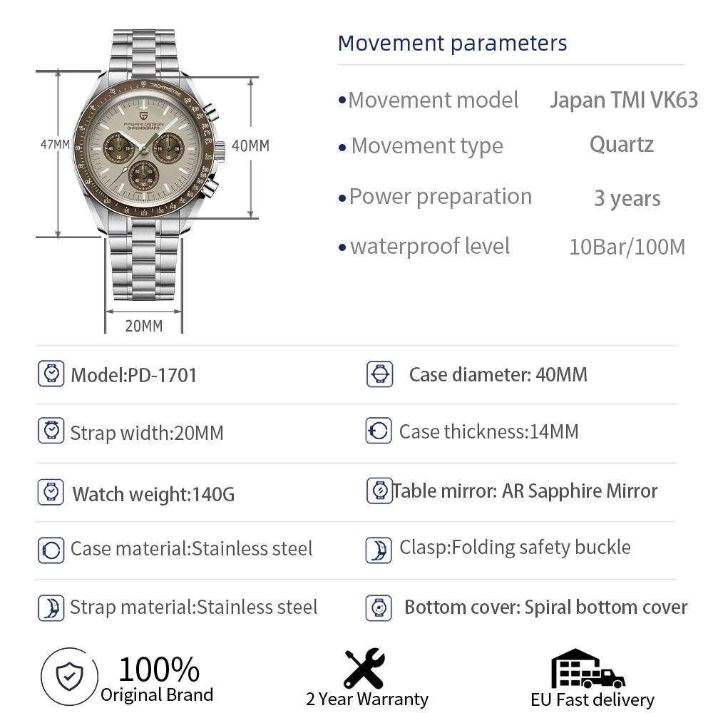 PAGANI DESIGN Planetary Series Saturn Light Tan Quarzuhr für Herren Speed Chronograph AR-Saphirglas Armbanduhr für Herren 2026 Neu