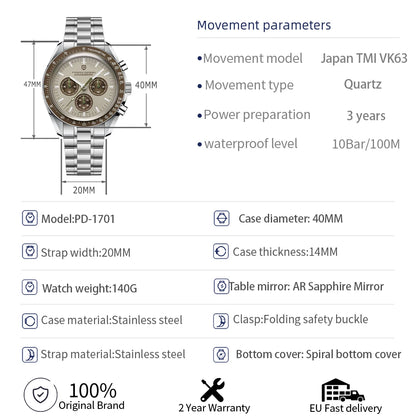 PAGANI DESIGN Planetary Series Saturn Light Tan Quarzuhr für Herren Speed Chronograph AR-Saphirglas Armbanduhr für Herren 2026 Neu