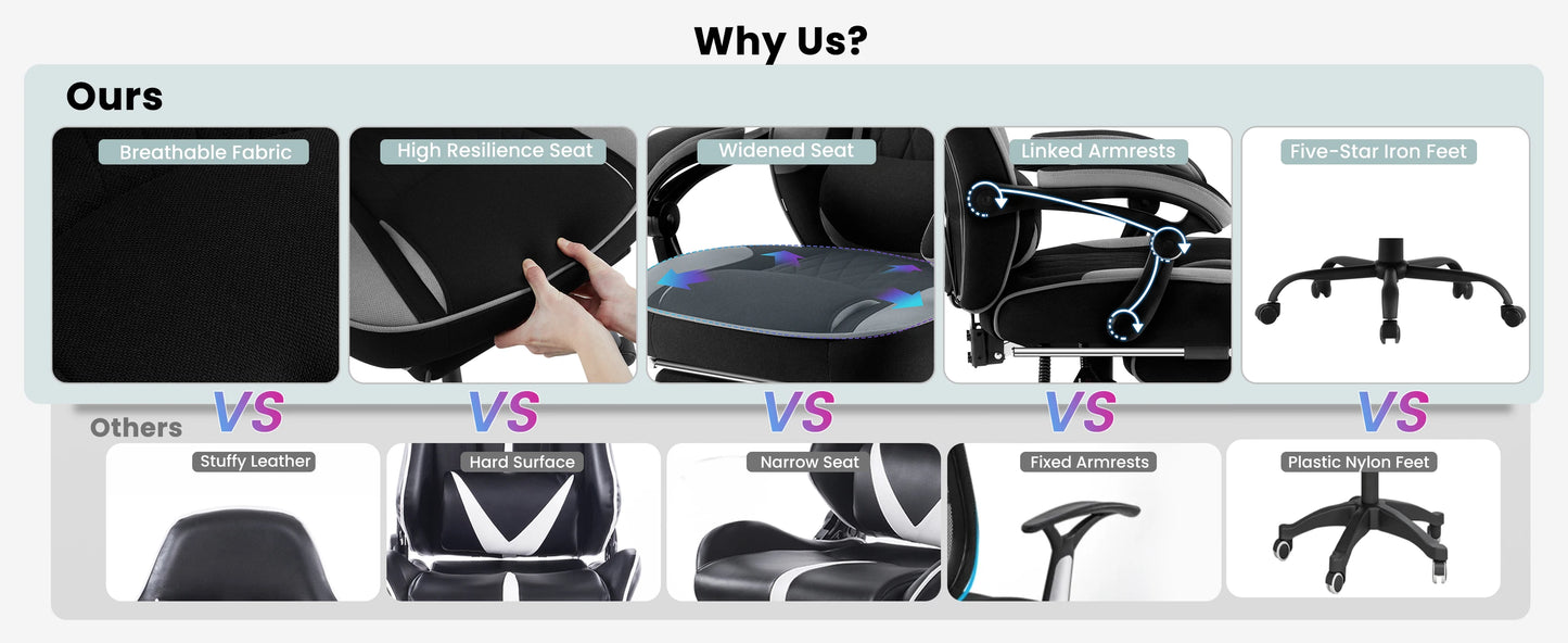 WOLTU Swivel Gaming Chair Ergonomic Office Chair with Footrest, Pocket Spring Cushion, Wide Seat, Adjustable Reclining Computer Chair