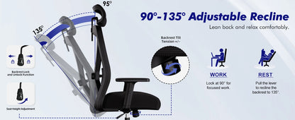 Hiazurm Ergonomic Office Chair with Lumbar Support, Adjustable Headrest & Armrests, Height Adjustable Desk Chair for Home Office, Gaming & Work