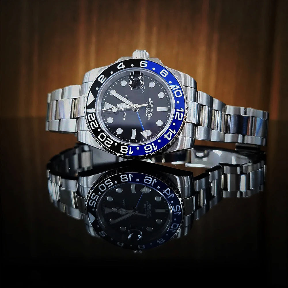 Montre mécanique pour homme PAGANI DESIGN (40 mm) – Cadran violet, fonction GMT, bracelet type Jubilee, verre saphir, étanche, mouvement automatique