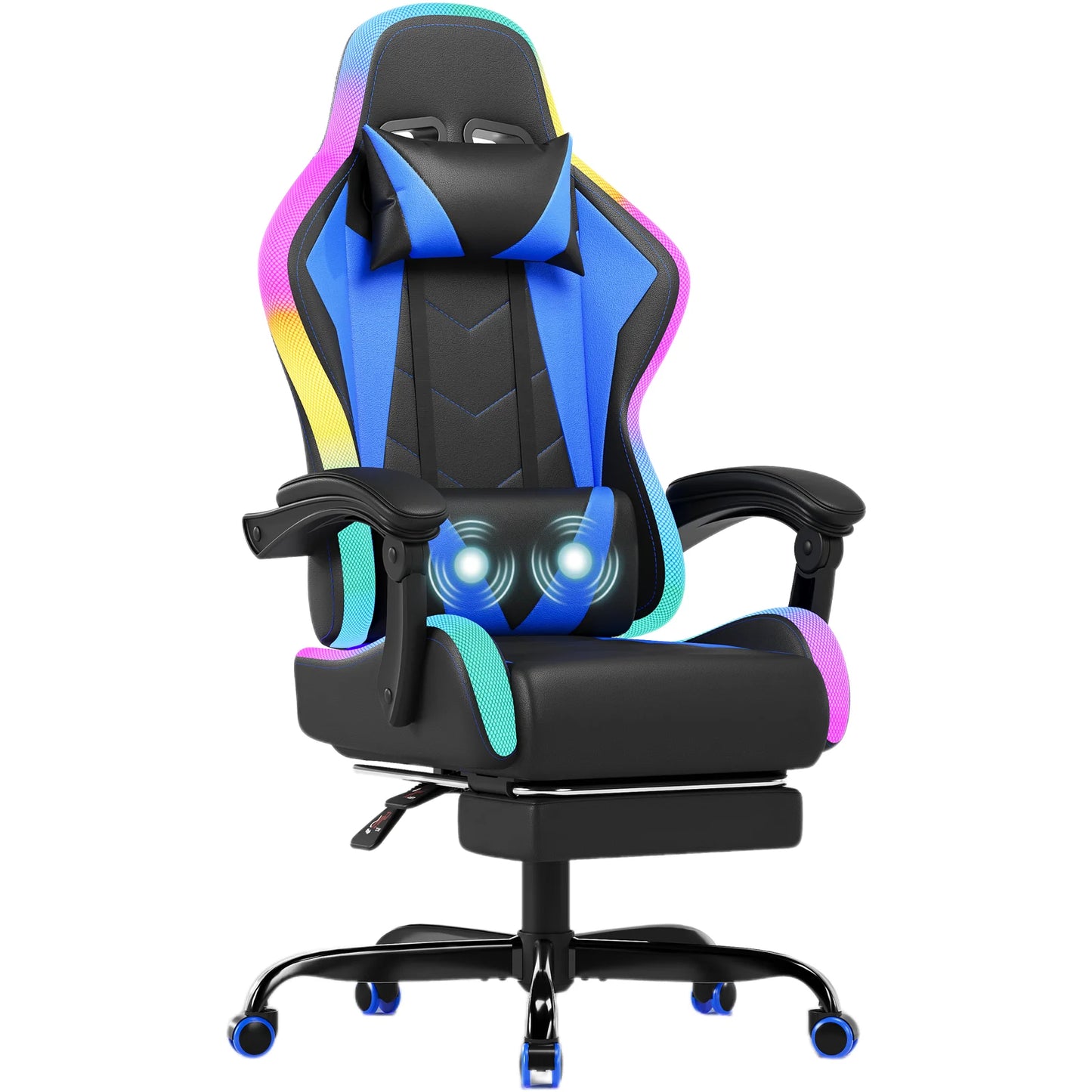 Devoko RGB Gaming Chair Ergonomic Fabric Gaming Chair with Footrest, Adjustable Headrest, LED Lights, Reclining Office Computer Gaming Chair