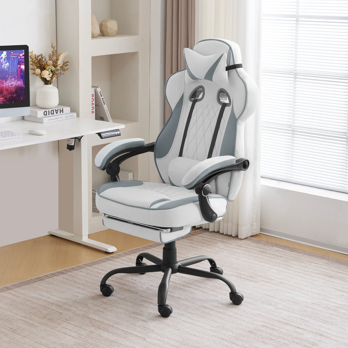 WOLTU Swivel Gaming Chair Ergonomic Office Chair with Footrest, Pocket Spring Cushion, Wide Seat, Adjustable Reclining Computer Chair