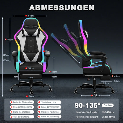 Devoko RGB Gaming Chair Ergonomic Fabric Gaming Chair with Footrest, Adjustable Headrest, LED Lights, Reclining Office Computer Gaming Chair
