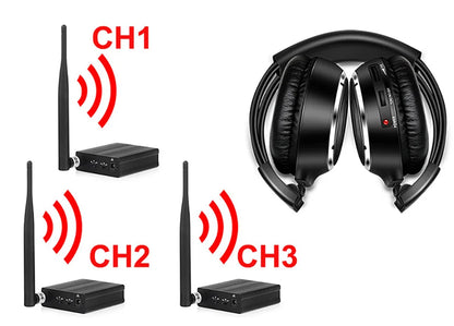 RF Silent Disco Foldable Wireless Headphones Bundle 3 Pack with 500m Transmitter, Stereo Party Headsets for TV, DJ, Dance & Events