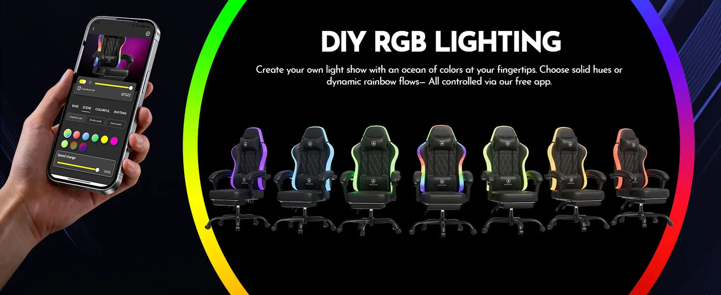 GTPLAYER Gaming Chair Ergonomic Office Chair with RGB LED Light, Adjustable Reclining Gamer Chair with Footrest, Lumbar Support & Storage Bag