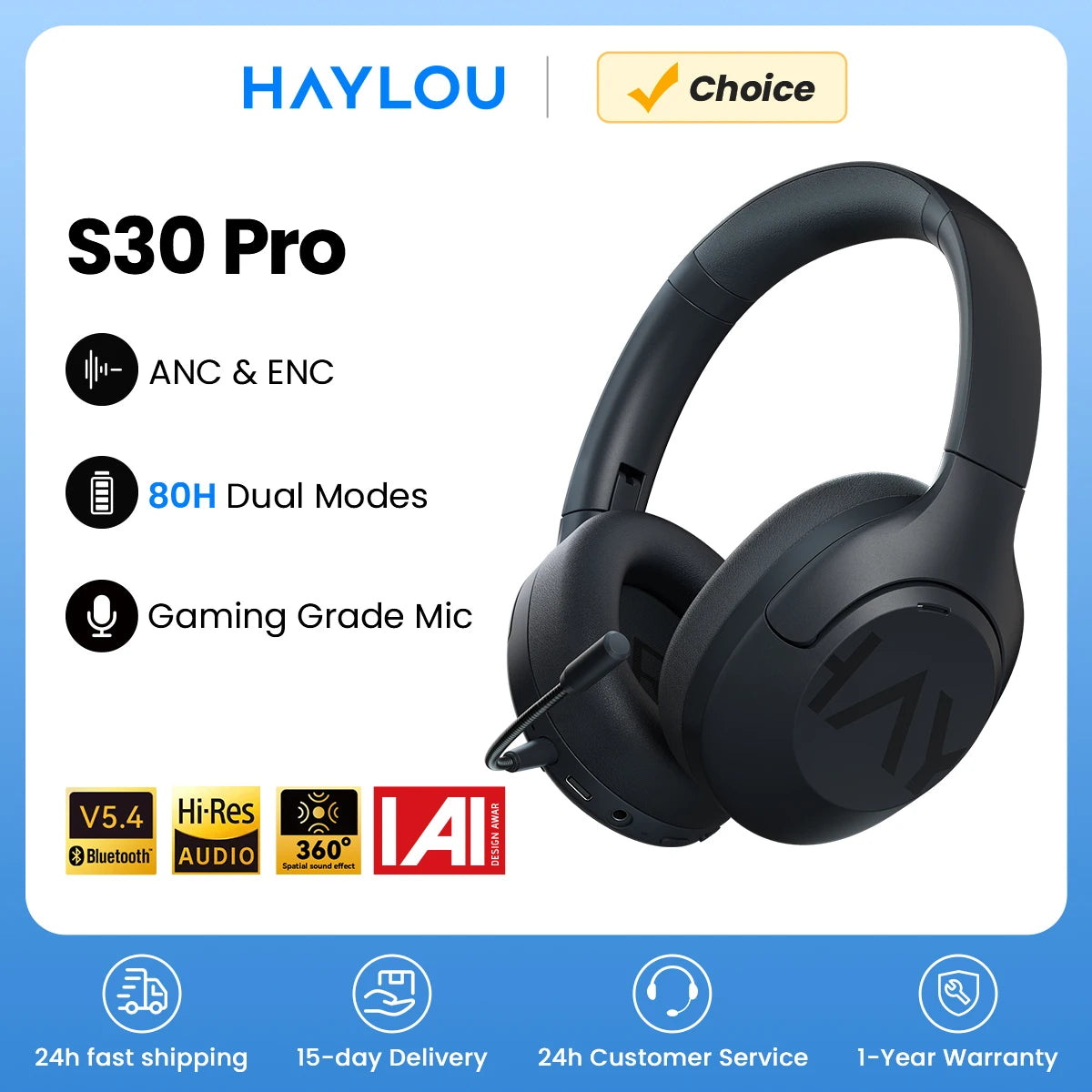 HAYLOU S30 Wireless Bluetooth 5.4 ANC Headphones 43dB Noise Cancelling Headsets with 40mm Driver, 80H Playtime Hi-Res Audio Earphones