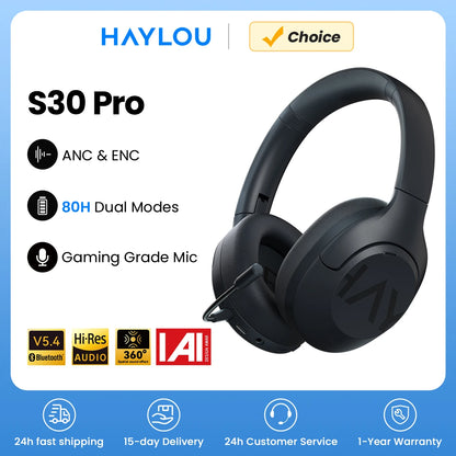 HAYLOU S30 Wireless Bluetooth 5.4 ANC Headphones 43dB Noise Cancelling Headsets with 40mm Driver, 80H Playtime Hi-Res Audio Earphones