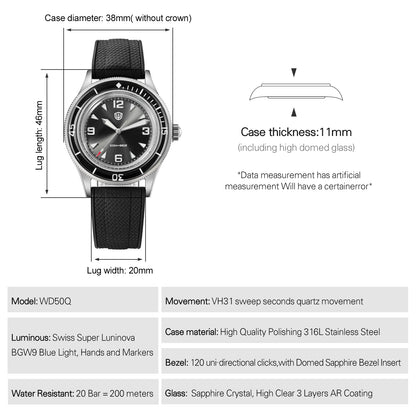 Watchdives 50-Fathoms Watch VH31 Sweep Seconds Quartz Movement Luminous 200m Waterproof Sapphire Stainless Steel  Watches WD50Q