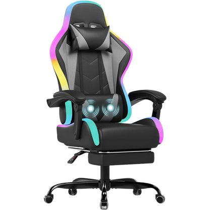 Devoko RGB Gaming Chair Ergonomic Fabric Gaming Chair with Footrest, Adjustable Headrest, LED Lights, Reclining Office Computer Gaming Chair