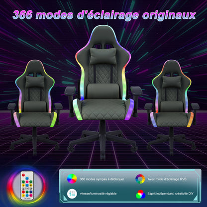 Superaly Ergonomic Gaming Chair with RGB LED Lights, PU Leather Gaming Chair, Adjustable Gaming Office Chair with Headrest, Lumbar Support & Reclining Backrest
