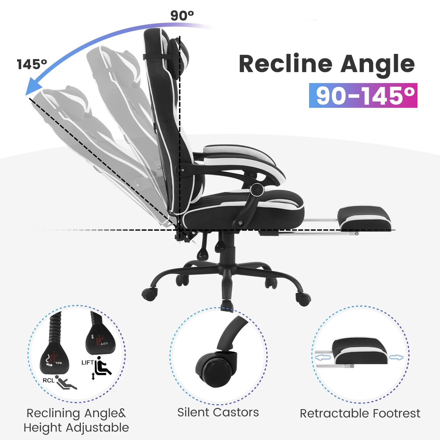 WOLTU Swivel Gaming Chair Ergonomic Office Chair with Footrest, Pocket Spring Cushion, Wide Seat, Adjustable Reclining Computer Chair