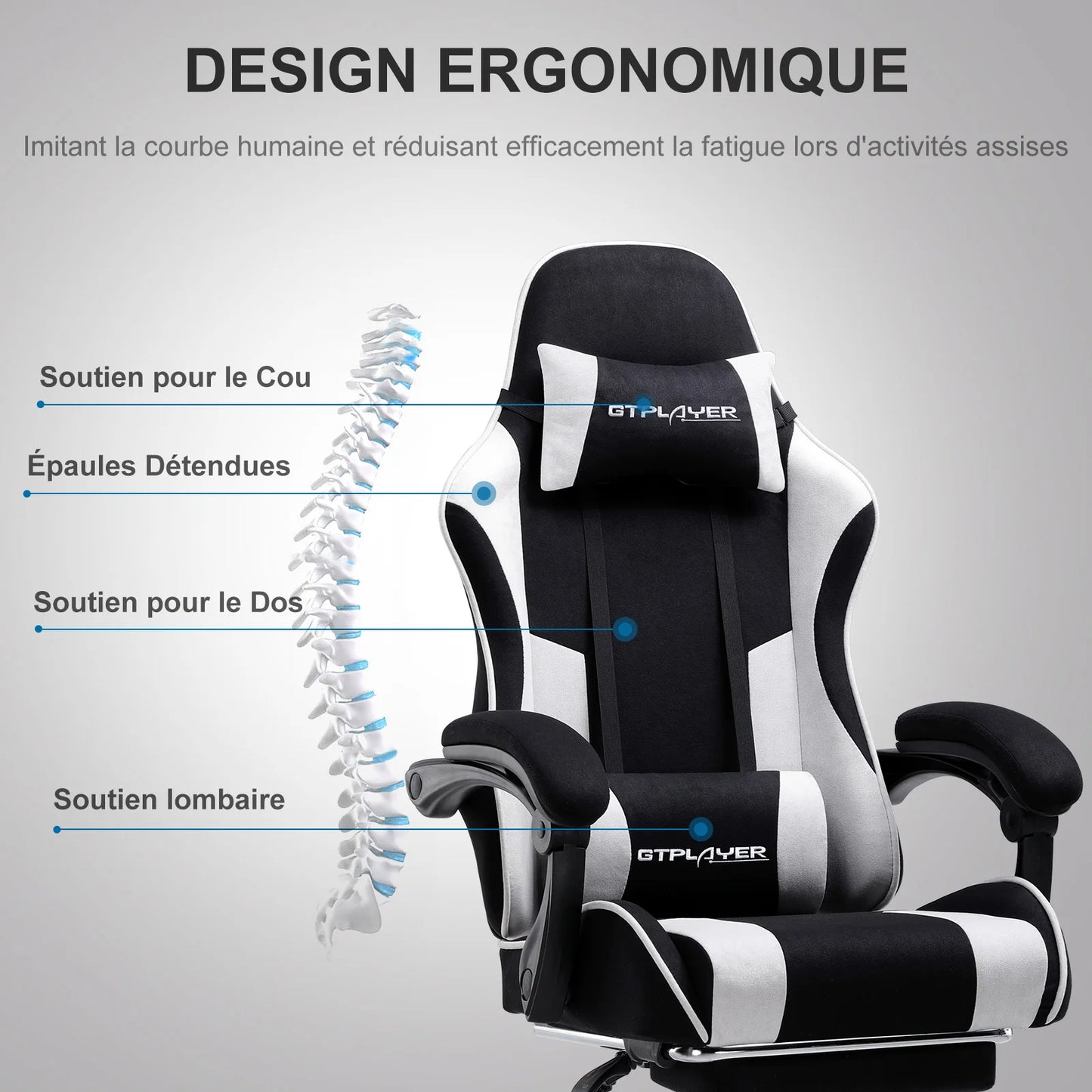 GTPLAYER Office Chair Gaming Chair Fabric Gaming Armchair Ergonomic Gamer Chair Footrest Headrest Lin Pillow Padded
