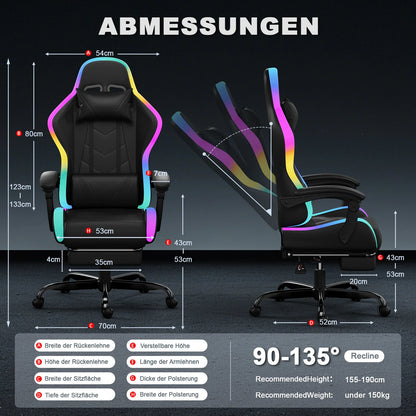 Devoko RGB Gaming Chair Ergonomic Fabric Gaming Chair with Footrest, Adjustable Headrest, LED Lights, Reclining Office Computer Gaming Chair