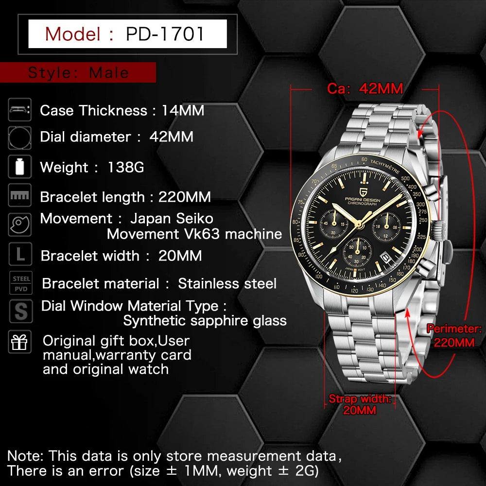 PAGANI DESIGN 2026 New V6 Moon Men's Watch Luxury Quartz Speed Sports Chronograph Watch For Men Watch AR Sapphire Glass Local Shipping