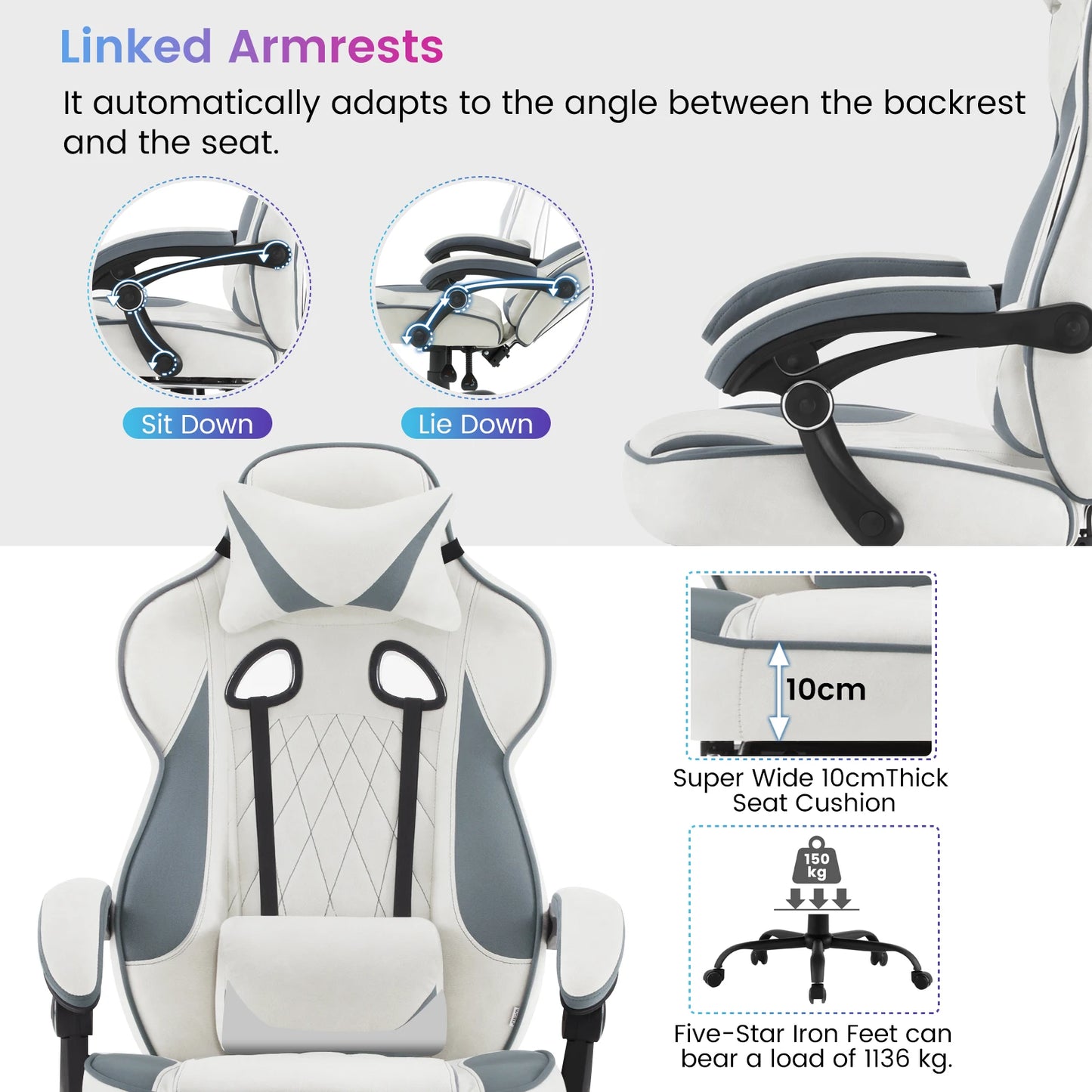 WOLTU Swivel Gaming Chair Ergonomic Office Chair with Footrest, Pocket Spring Cushion, Wide Seat, Adjustable Reclining Computer Chair