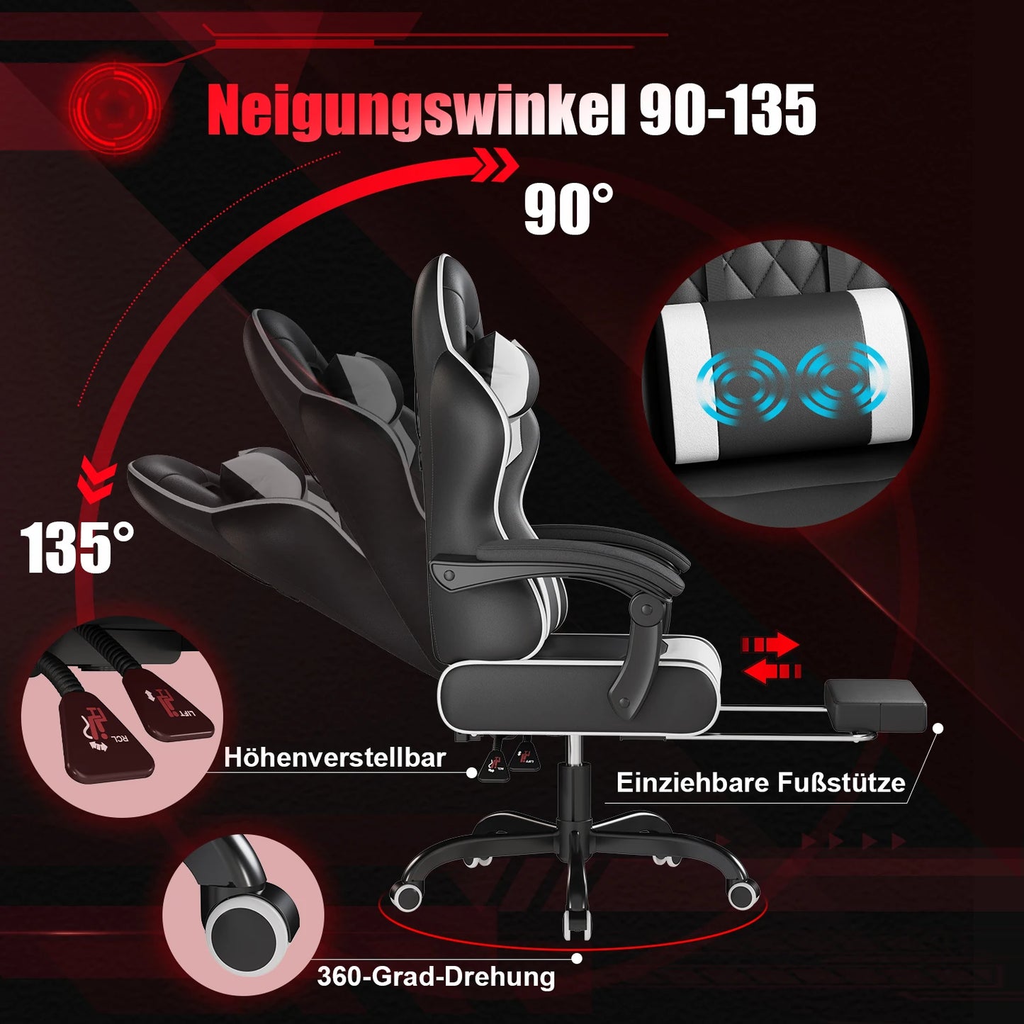HOMALL Ergonomic Massage Gaming Chair with Adjustable Height, Lumbar Support, Headrest, Reclining Swivel Office Chair with Footrest