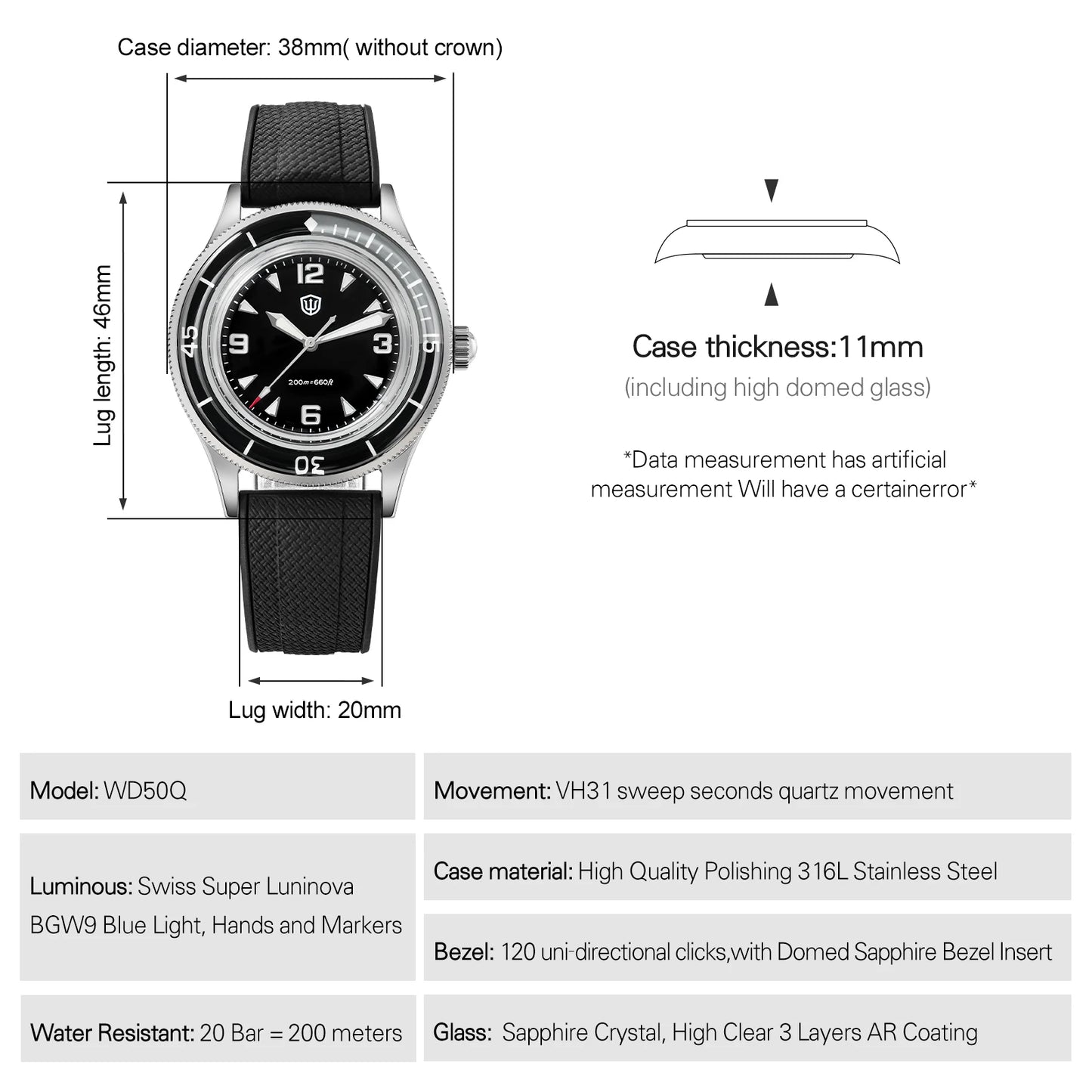 Watchdives 50-Fathoms Watch VH31 Sweep Seconds Quartz Movement Luminous 200m Waterproof Sapphire Stainless Steel  Watches WD50Q