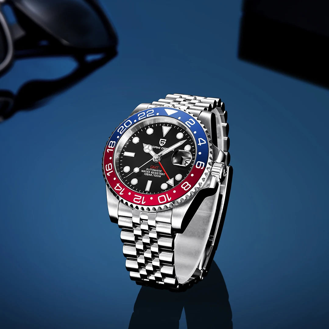 Montre mécanique pour homme PAGANI DESIGN (40 mm) – Cadran violet, fonction GMT, bracelet type Jubilee, verre saphir, étanche, mouvement automatique