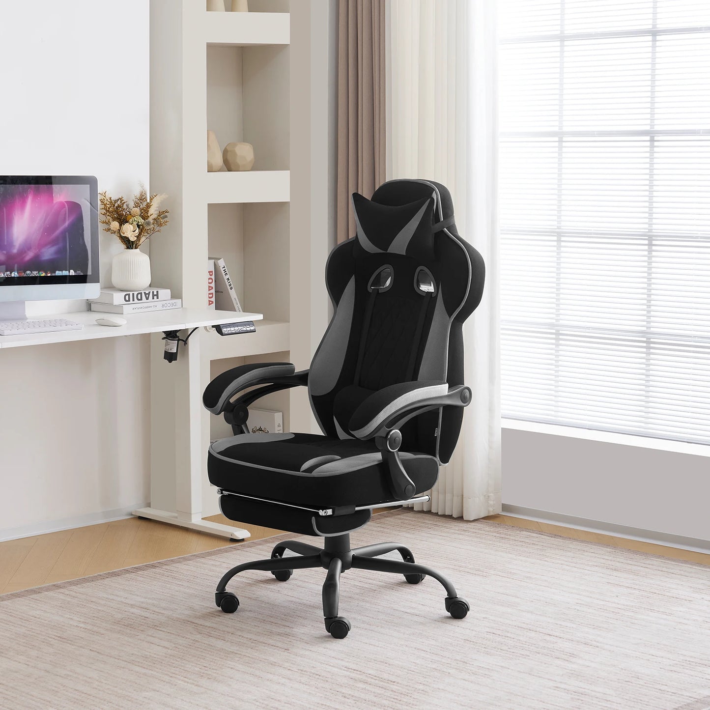 WOLTU Swivel Gaming Chair Ergonomic Office Chair with Footrest, Pocket Spring Cushion, Wide Seat, Adjustable Reclining Computer Chair
