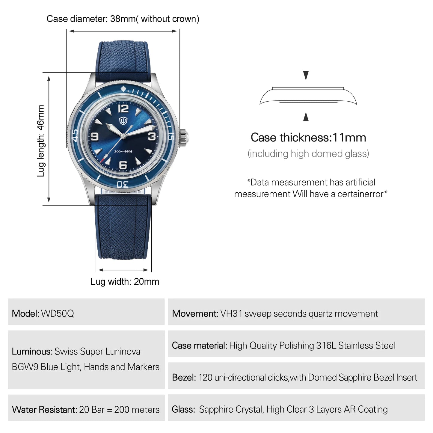 Watchdives 50-Fathoms Watch VH31 Sweep Seconds Quartz Movement Luminous 200m Waterproof Sapphire Stainless Steel  Watches WD50Q