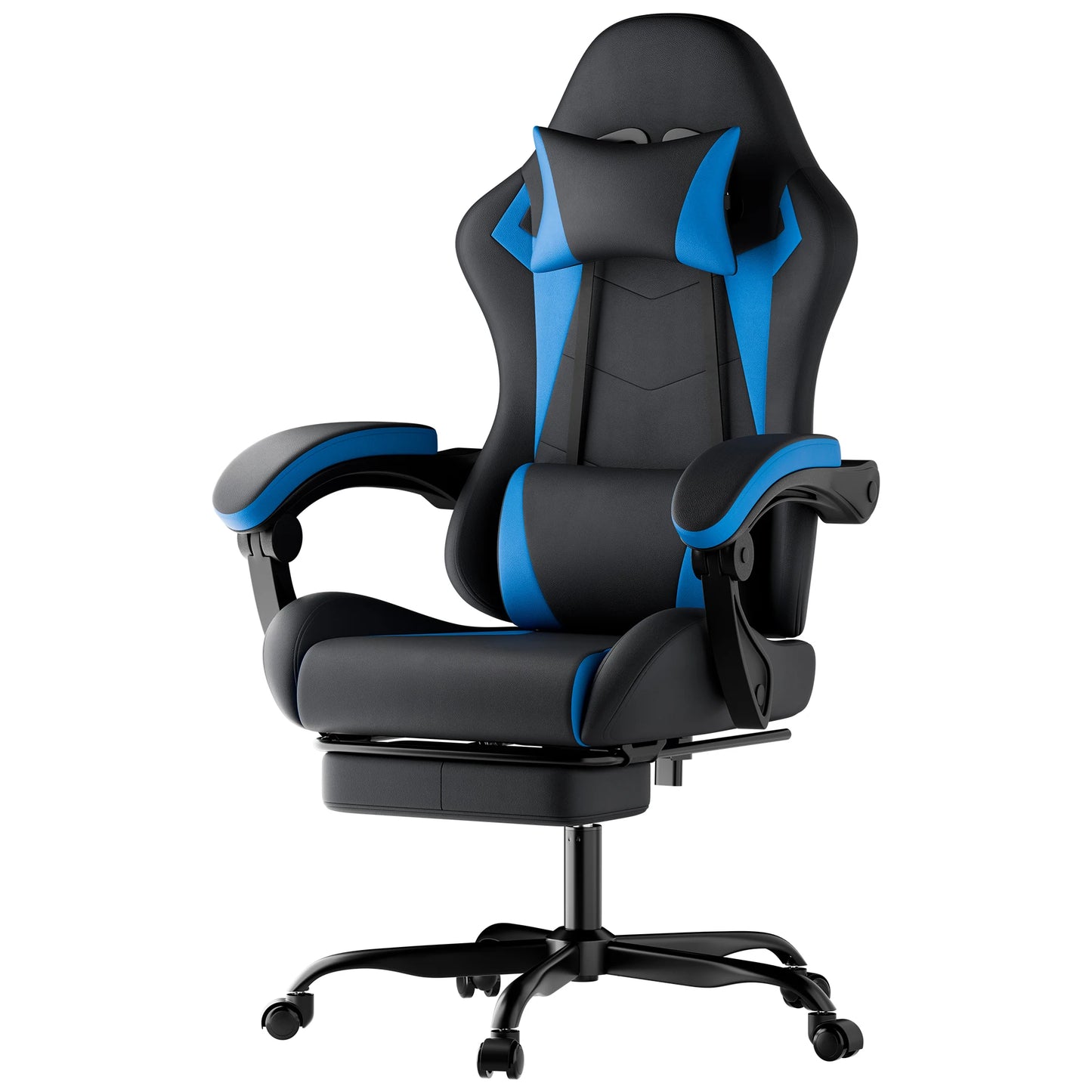 Black & Blue PU Leather Gaming Chair, Ergonomic Racing Style Computer Chair with Footrest, Height Adjustable Swivel Office Chair with Lumbar Support & Headrest for Adults, Boys and Girls