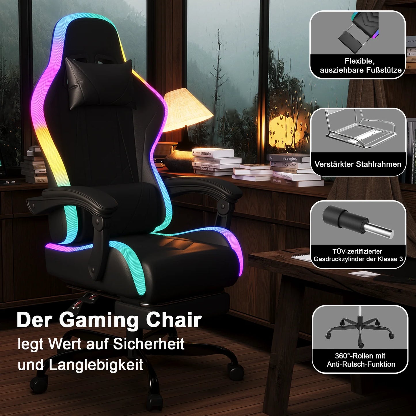 Devoko RGB Gaming Chair Ergonomic Fabric Gaming Chair with Footrest, Adjustable Headrest, LED Lights, Reclining Office Computer Gaming Chair