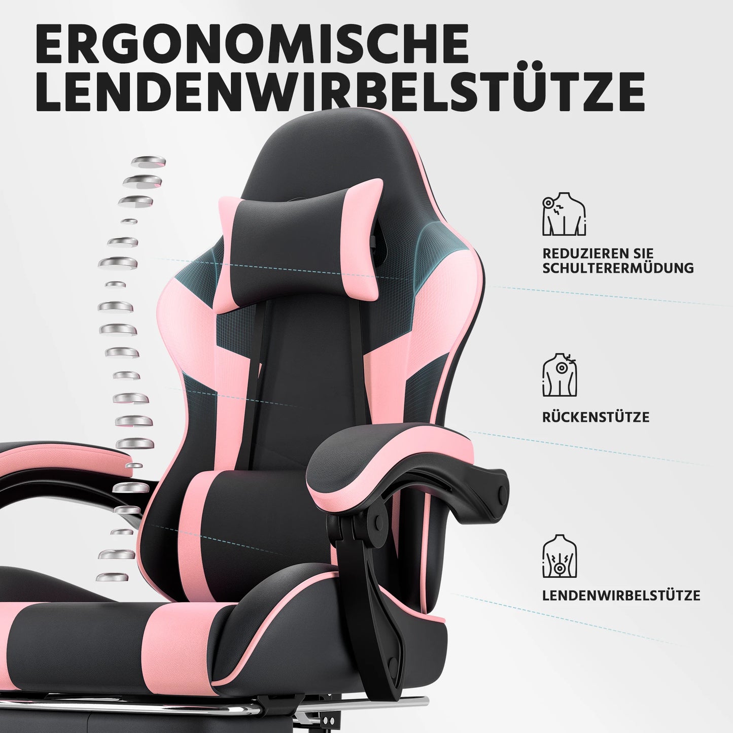 Black & Pink Gaming Chair Ergonomic PU Leather Computer Chair with Footrest, Adjustable High-Back Gaming Chair with Lumbar Support & Headrest