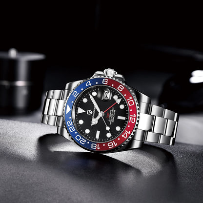 Montre mécanique pour homme PAGANI DESIGN (40 mm) – Cadran violet, fonction GMT, bracelet type Jubilee, verre saphir, étanche, mouvement automatique