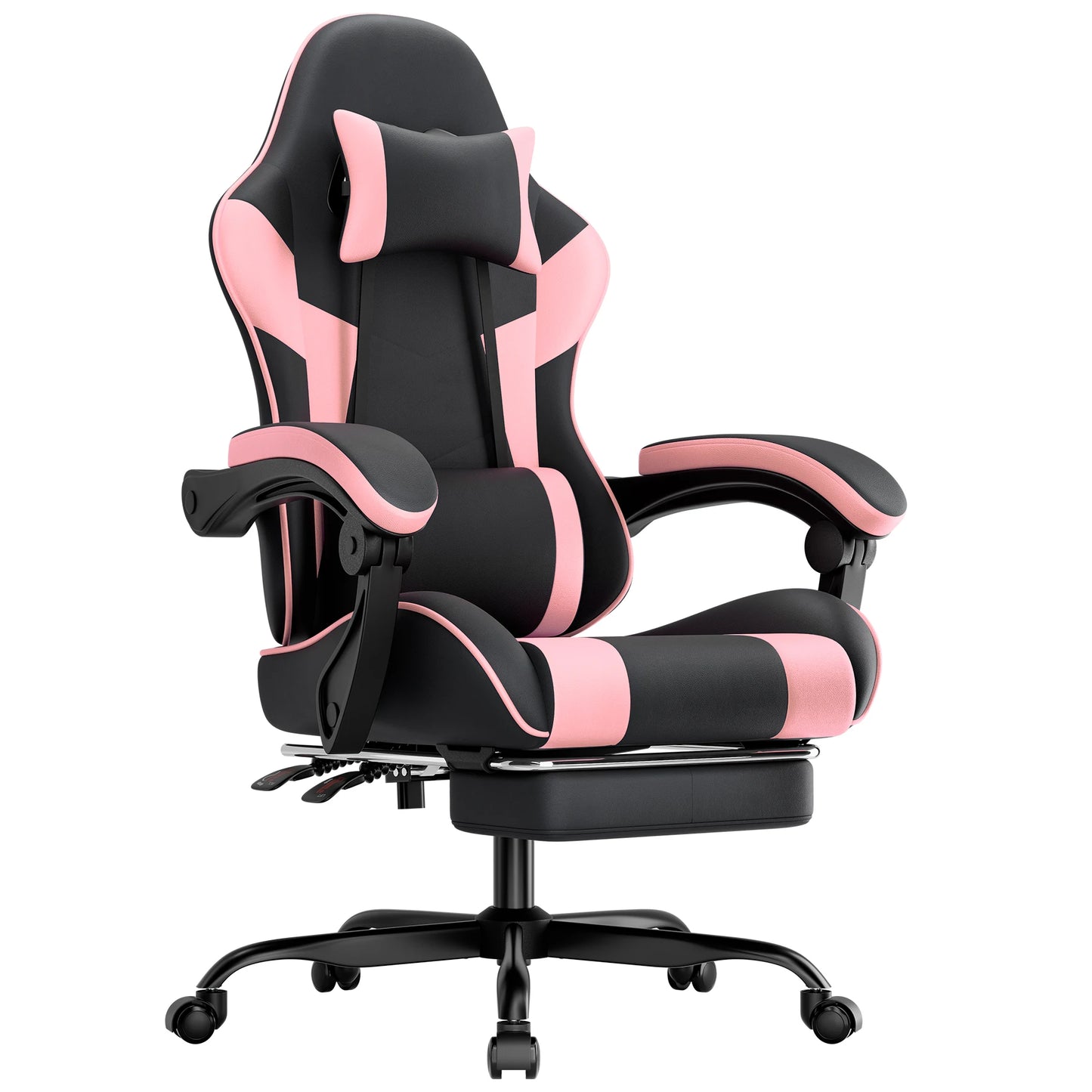 Black & Pink Gaming Chair Ergonomic PU Leather Computer Chair with Footrest, Adjustable High-Back Gaming Chair with Lumbar Support & Headrest