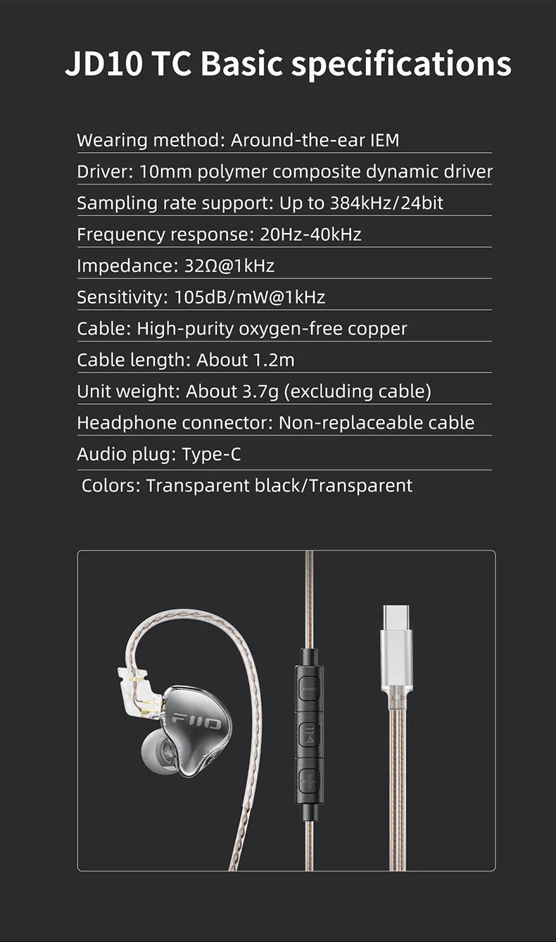 FiiO JD10 Wired In-Ear Earphones HiFi Bass Stereo Earbuds with 3.5mm Type-C Connector, High Resolution Audio Music Earphones for Gaming, Sports & Daily Use