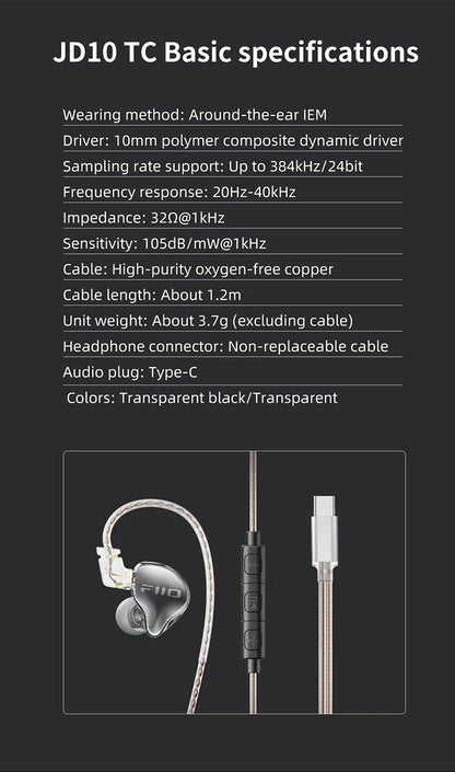 FiiO JD10 Wired In-Ear Earphones HiFi Bass Stereo Earbuds with 3.5mm Type-C Connector, High Resolution Audio Music Earphones for Gaming, Sports & Daily Use