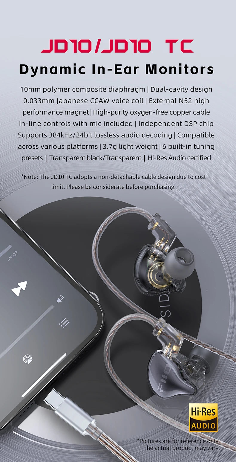 FiiO JD10 Wired In-Ear Earphones HiFi Bass Stereo Earbuds with 3.5mm Type-C Connector, High Resolution Audio Music Earphones for Gaming, Sports & Daily Use