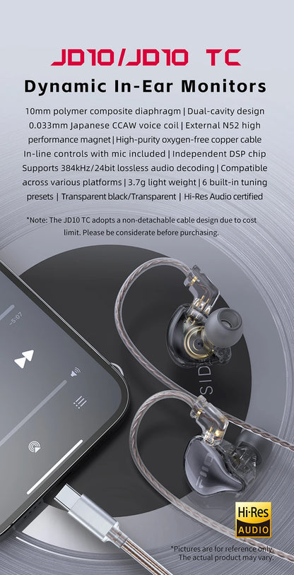 FiiO JD10 Wired In-Ear Earphones HiFi Bass Stereo Earbuds with 3.5mm Type-C Connector, High Resolution Audio Music Earphones for Gaming, Sports & Daily Use
