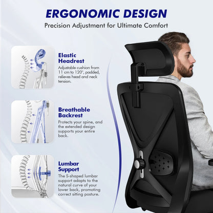 Hiazurm Ergonomic Office Chair with Lumbar Support, Adjustable Headrest & Armrests, Height Adjustable Desk Chair for Home Office, Gaming & Work