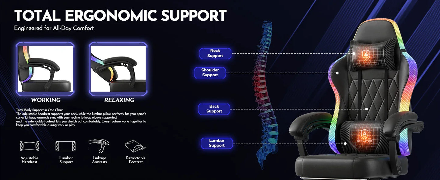 GTPLAYER Gaming Chair Ergonomic Office Chair with RGB LED Light, Adjustable Reclining Gamer Chair with Footrest, Lumbar Support & Storage Bag