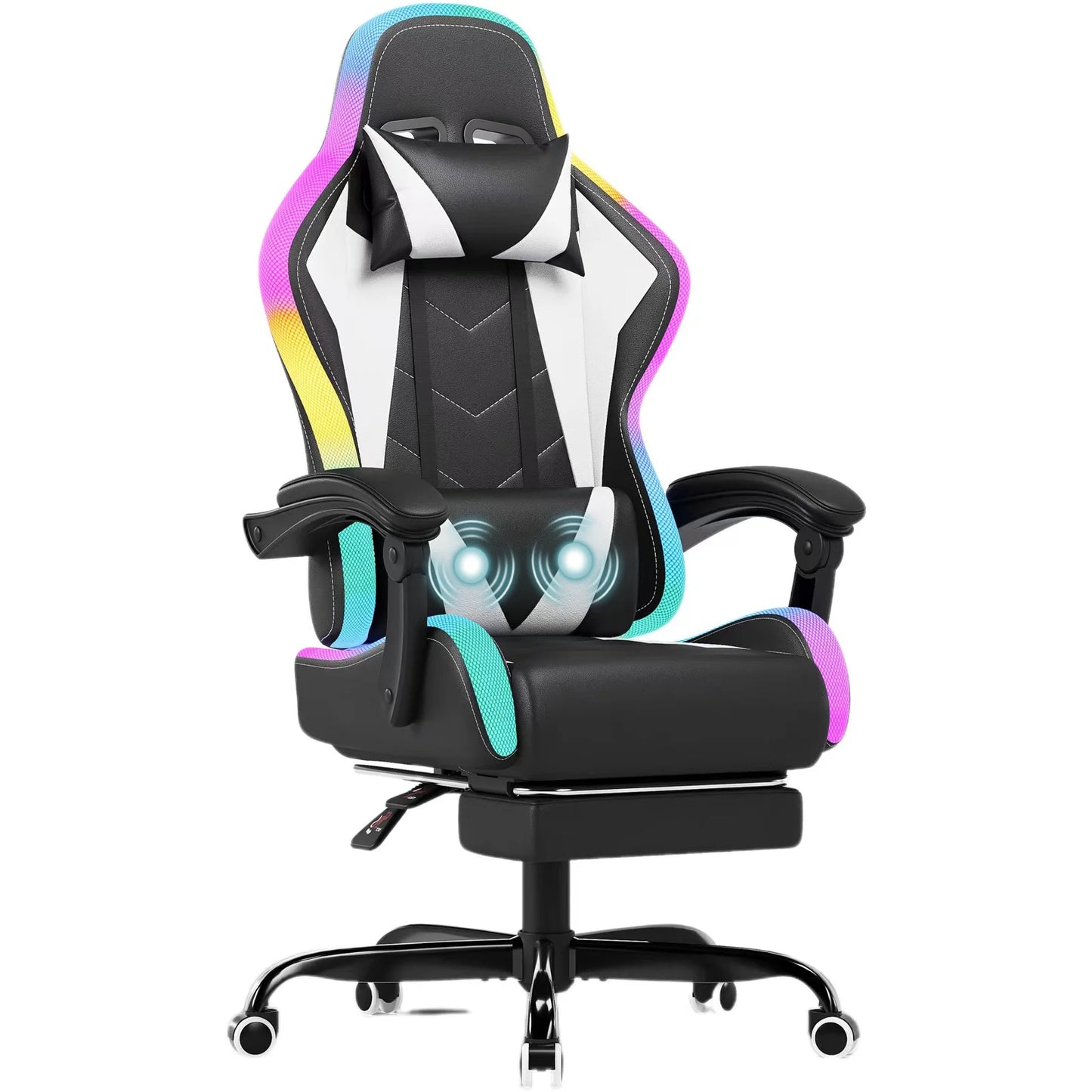 Devoko RGB Gaming Chair Ergonomic Fabric Gaming Chair with Footrest, Adjustable Headrest, LED Lights, Reclining Office Computer Gaming Chair