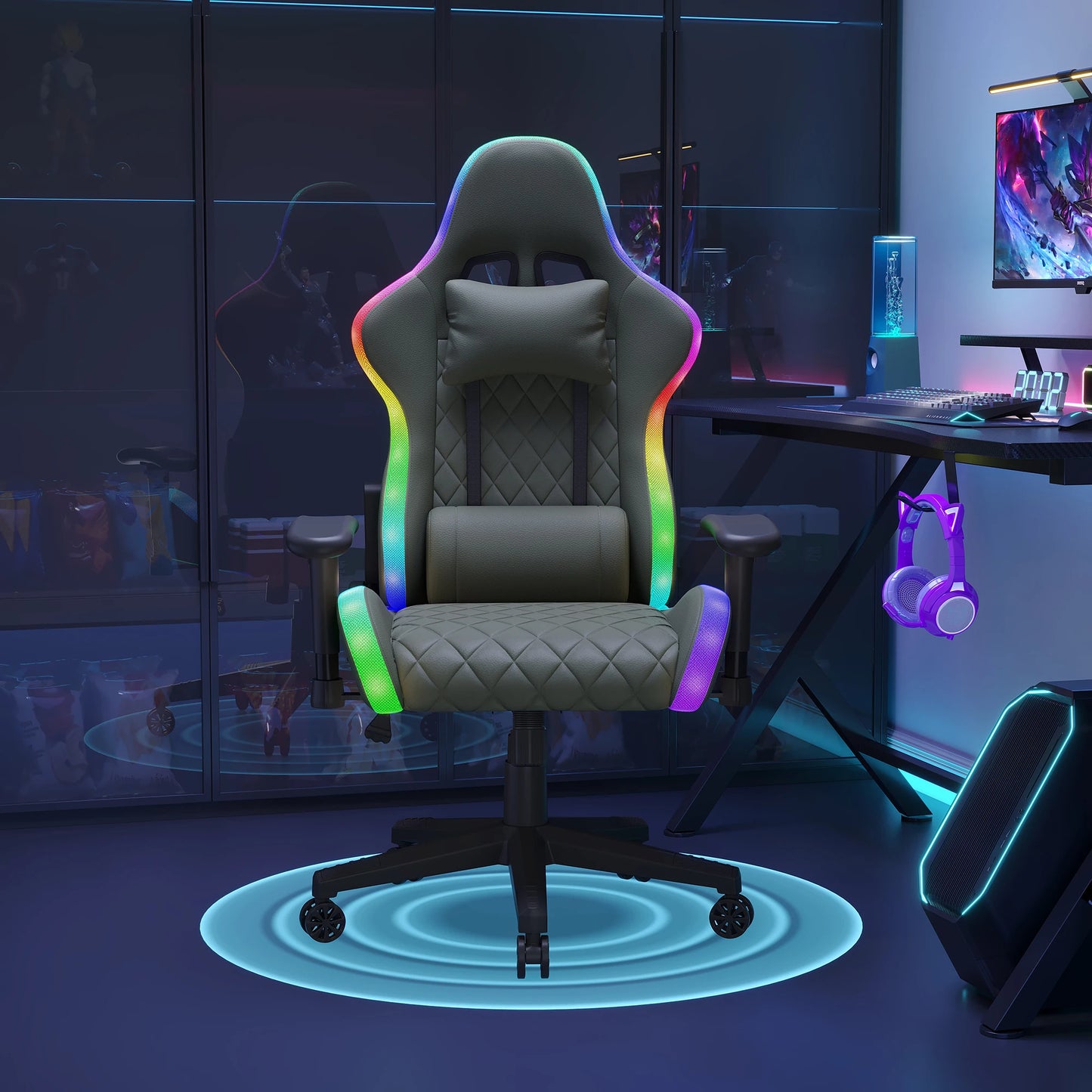 Comanlai Rgonomic Gaming Chair with RGB Lighting, PVC Leather Computer Chair, Adjustable Seat Height and Backrest, Waist Massage