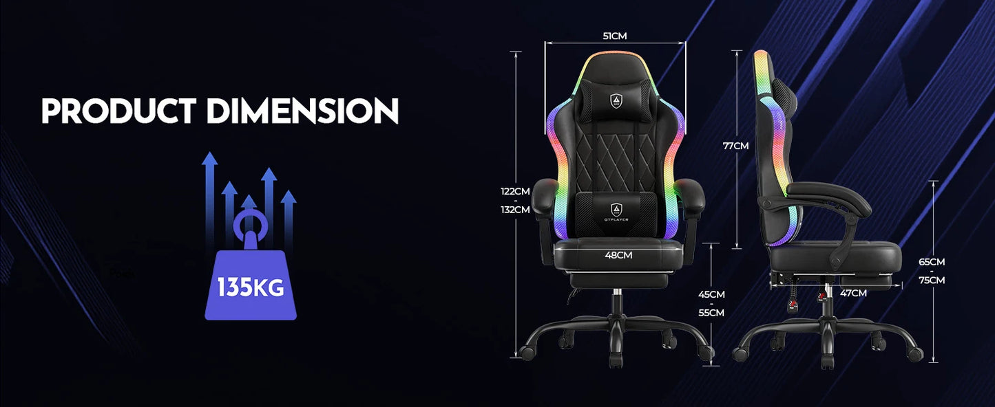 GTPLAYER Gaming Chair Ergonomic Office Chair with RGB LED Light, Adjustable Reclining Gamer Chair with Footrest, Lumbar Support & Storage Bag